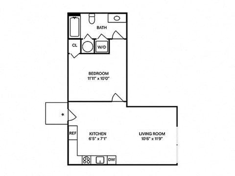 Floor plan for 1 bed, 1 bath, 575 sqft